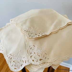 Vintage beige ramie cutwork embroidered napkins with floral motifs , SET 12